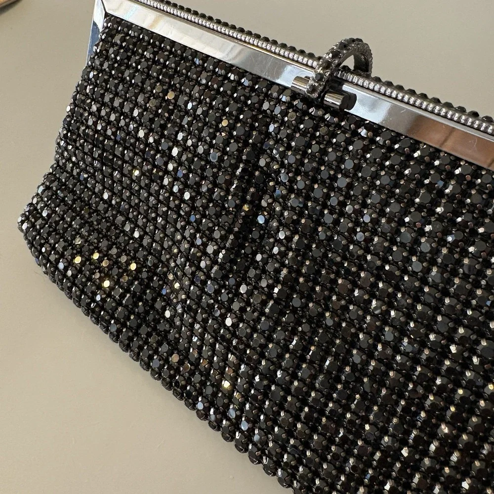 NEW Natasha Crystal Evening Purse Clutch Black Convertible Prong Set Stones
